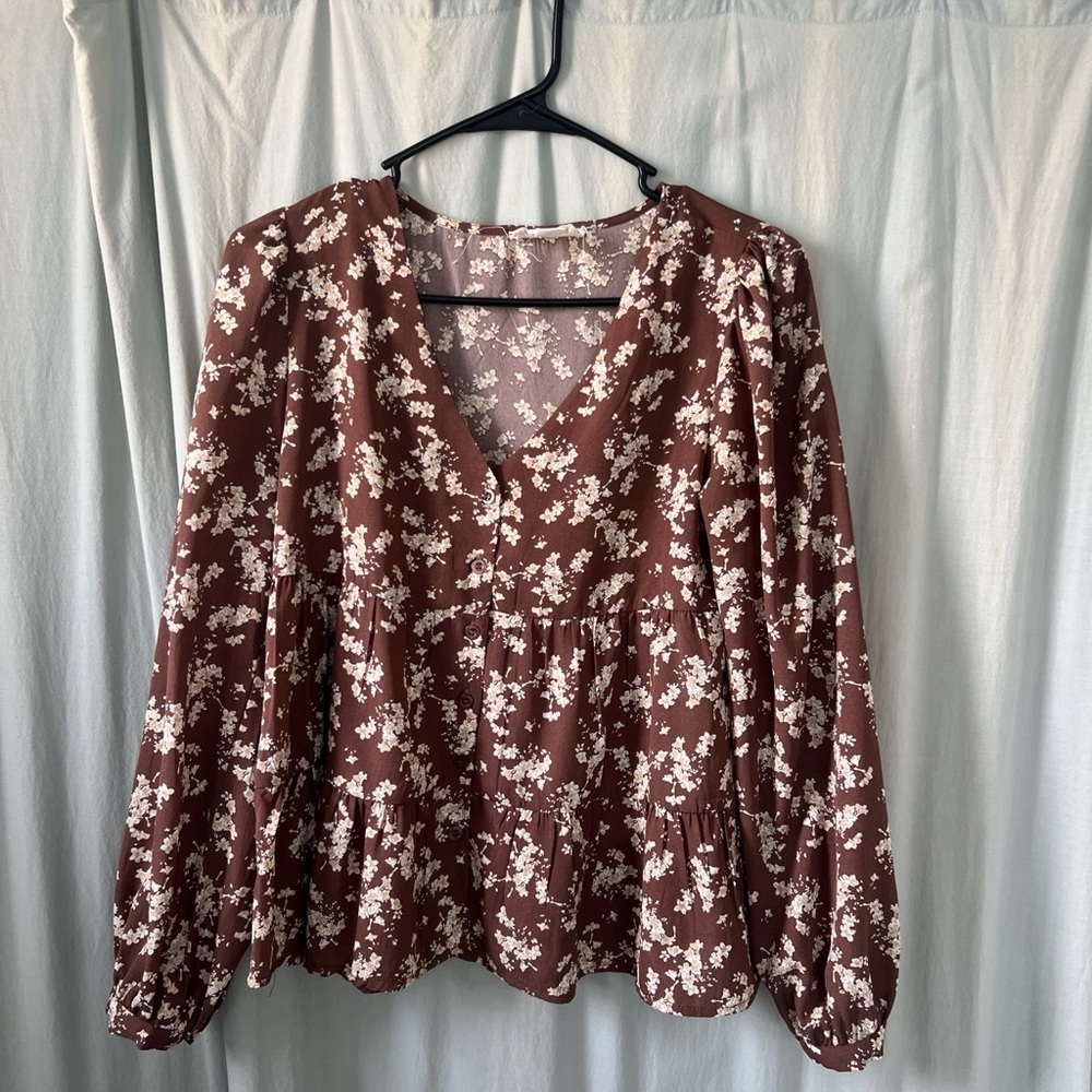 Love Riche Brown Floral V-Neck Tiered Peplum Blouse